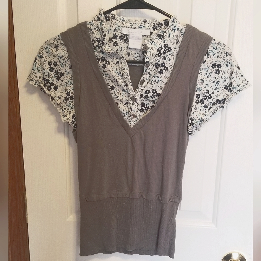 Layered Floral Button-up and Sweater Vest Top